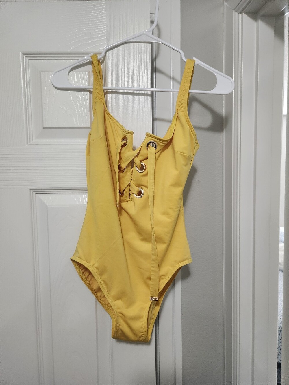 Michael Kors Lace-Up One-Piece Swimsuit - Marigold Yellow size 10 medium MK
